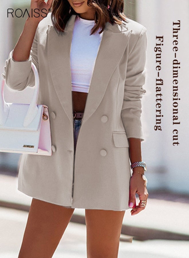 roaiss Women's Casual Business Blazer Fashion Solid Color Straight Shoulders Slim Fit Office Coat Ladies Classic Lapel Button Open Placket Suit Jacket with Shoulder Pads Beige - Image 2
