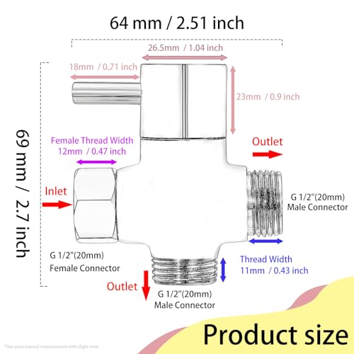 Mathtoxyz G1/2" Shower Head Diverter Valve, Solid Brass Shower Arm Diverter Valve for Hand Held Showerhead and Fixed Spray Head, 20mm Diameter 3-Way Universal Shower System Replacement Part (Chrome Finish) - Image 3