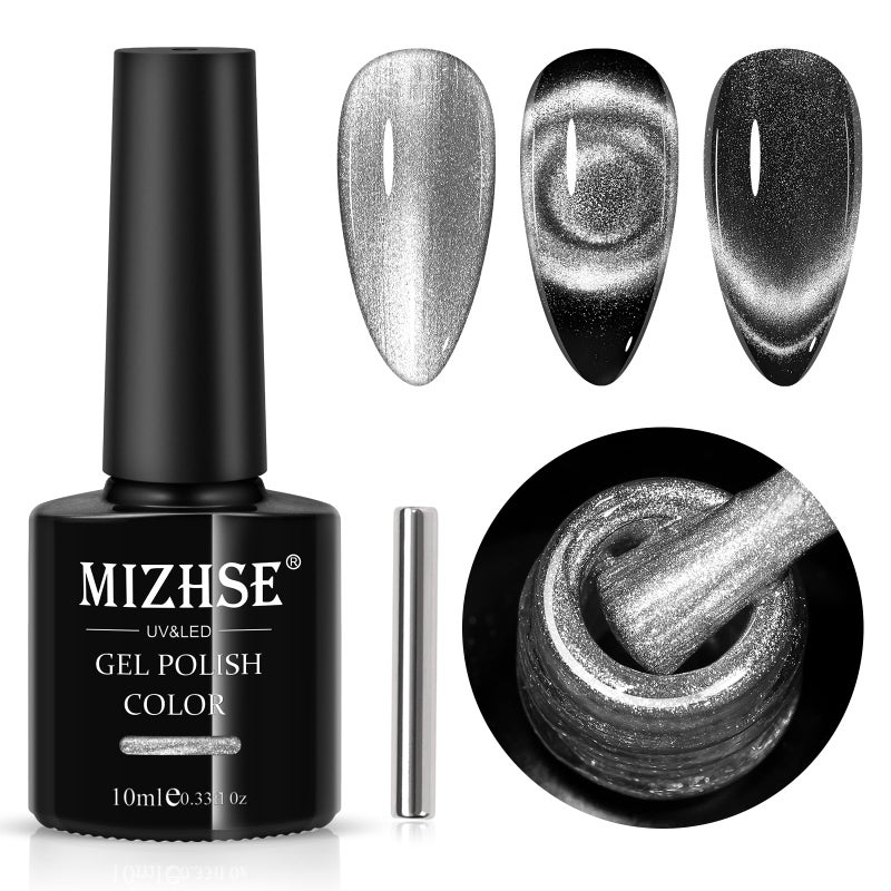 MIZHSE 9D Cat Eye Gel Nail Polish, Silver Magnetic Gel Polish with Magnet Stick, Magic Shimmer Galaxy Effect Holographic Glitter Silky Cat Eye Nail Polish Soak Off Nail Art Salon Manicure DIY at Home - Image 1