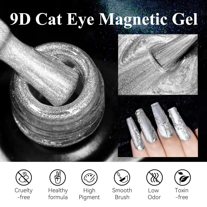 MIZHSE 9D Cat Eye Gel Nail Polish, Silver Magnetic Gel Polish with Magnet Stick, Magic Shimmer Galaxy Effect Holographic Glitter Silky Cat Eye Nail Polish Soak Off Nail Art Salon Manicure DIY at Home - Image 2