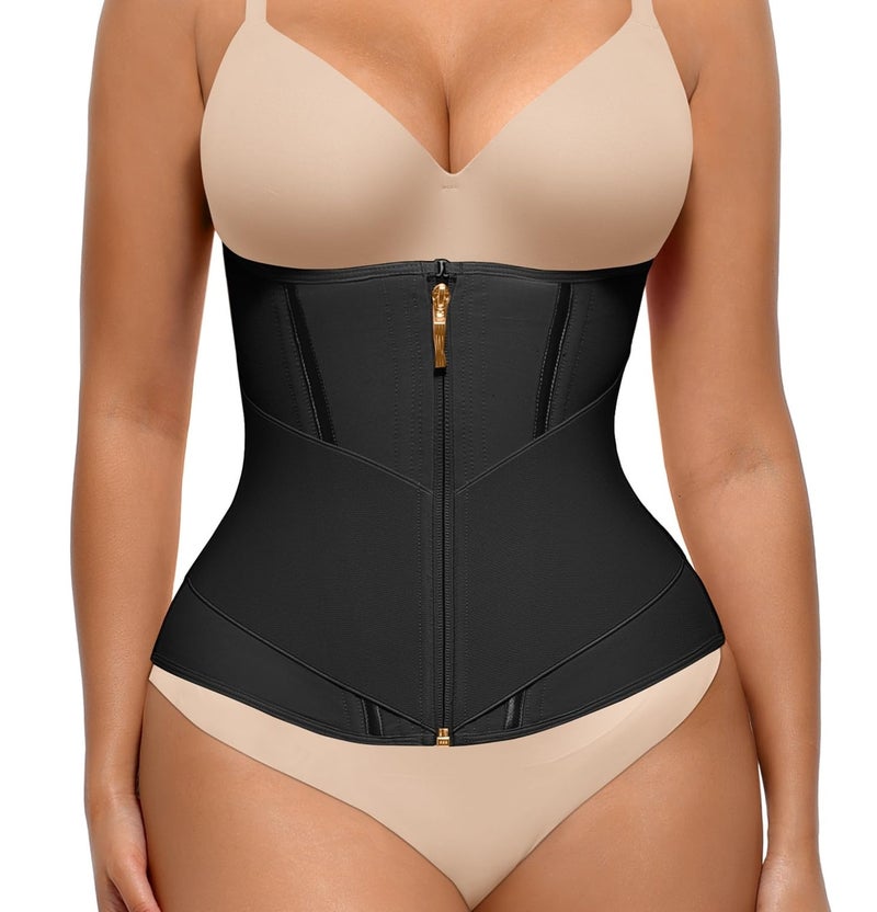 FeelinGirl Womens Waist Trainer Belly Fat Workout Corset Shapewear Tummy Control Waist Cincher with Zipper & Hook Waist Trimmer for Women Black S - Image 1