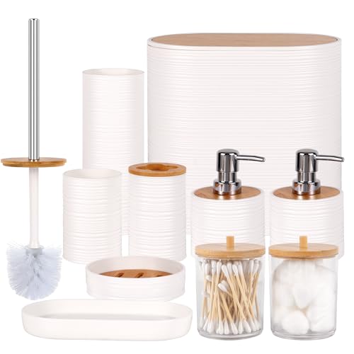 Viowil Bathroom Accessory Set,10 PCS White Bathroom Accessories Set with Trash Can, Toothbrush Holder, Soap Dispenser, Toothbrush Cup, Vanity Tray, Soap Dish, Toilet Brush, Qtip Holders - Image 1