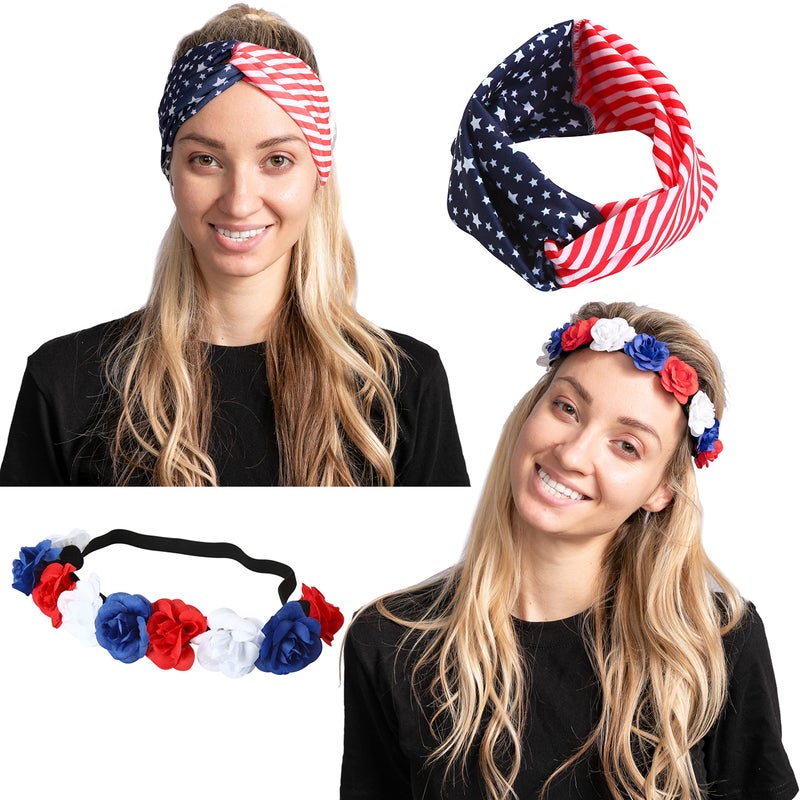 JOYIN 2 Pack Patriotic Accessories American Flag Headband and Floral Headband for Women Girls, 4th of July Hairband Accessories, Red White and Blue Decoration for Memorial Day, Independence Day - Image 2