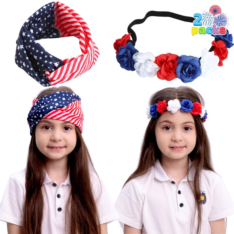 JOYIN 2 Pack Patriotic Accessories American Flag Headband and Floral Headband for Women Girls, 4th of July Hairband Accessories, Red White and Blue Decoration for Memorial Day, Independence Day - Image 1