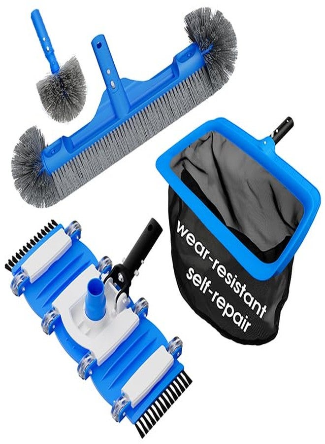 TidyMister 3-in-1 Pool Cleaning Kit Full Set - 18in Rounded End Pool Brush & Ergonomic Pool Vacuum Head with Wheels& Pool Nylon Net Fine Mesh for Above Ground In-ground Pools, Spas, Hot Tubs - Image 1