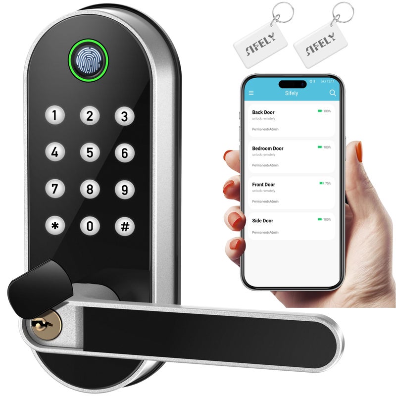 Sifely Fingerprint Smart Door Lock with Handle & Keypad Ã¢â‚¬â€œ No More Lost Keys, Keyless Entry & Remote Access for Home, Kids, Airbnb & Rental Property, DIY Install, Alexa & Google Compatible - Image 1