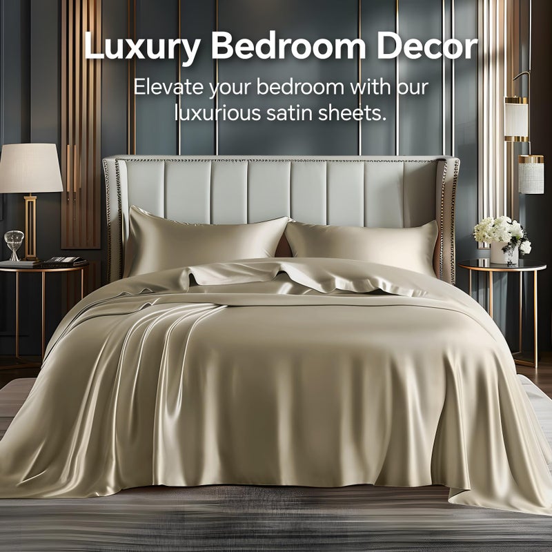 BEDELITE Satin Sheets Twin Size Bed Set, Luxury Soft Taupe Silky Sheets for Hair and Skin, Similar to Silk Bed Sheets Set 3 Pieces with 1 Deep Pocket Fitted Sheet, 1 Flat Sheet, and 1 Pillowcase - Image 2