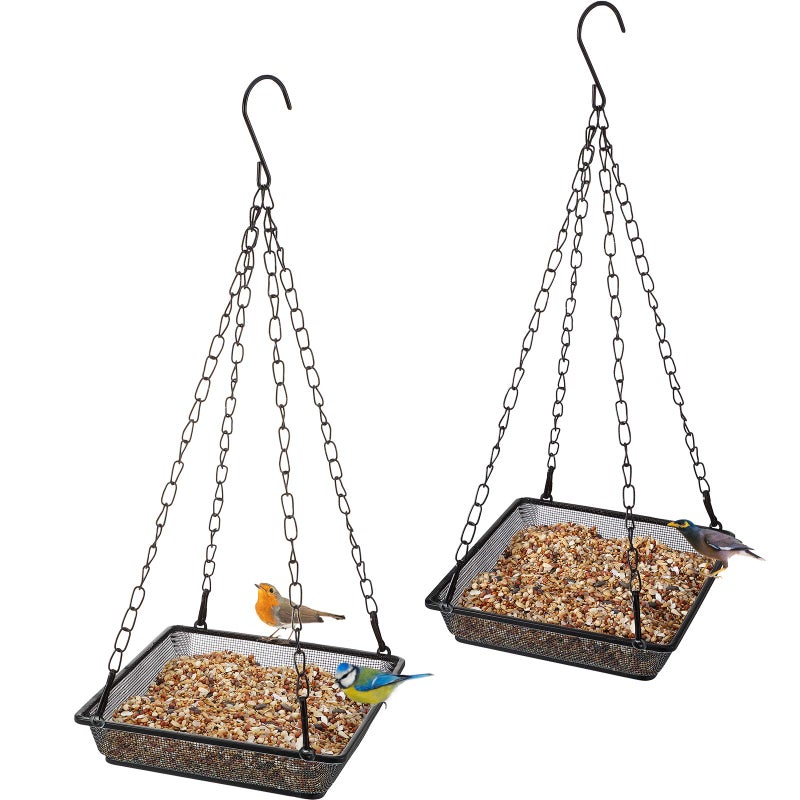 Patelai 2 Pieces Metal Hanging Bird Feeder Tray, Mesh Bird Feeding Tray Seed Tray Platform with Chains Outdoor Garden Decoration for Hanging Wild Backyard Attracting Birds (Black) - Image 1