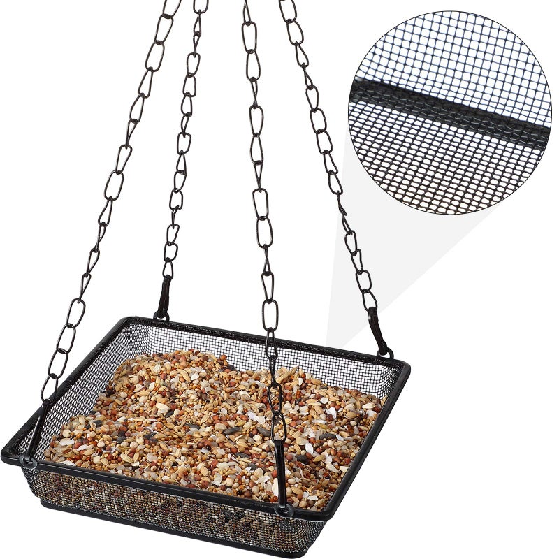 Patelai 2 Pieces Metal Hanging Bird Feeder Tray, Mesh Bird Feeding Tray Seed Tray Platform with Chains Outdoor Garden Decoration for Hanging Wild Backyard Attracting Birds (Black) - Image 3