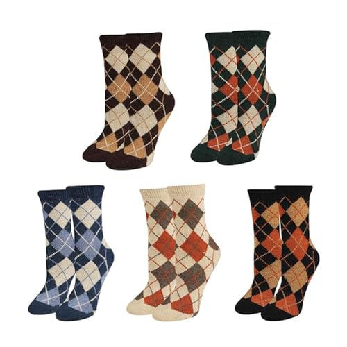 Benefeet Sox Women Girl Novelty Cozy Thermal Wool Socks Thick Warm Soft Hiking Crew Sock Funny Cute Comfy Vintage Cabin Socks 5 Pair-Argyle - Image 1
