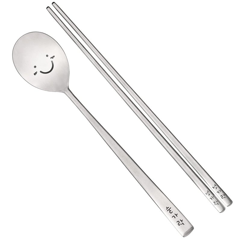 BAPMOO Korean Chopsticks and Spoon Set Combinations Reusable Long Handle Metal Stainless Steel Good for Gift Happy Face & Hangul Characters Engraved Silver - Image 2