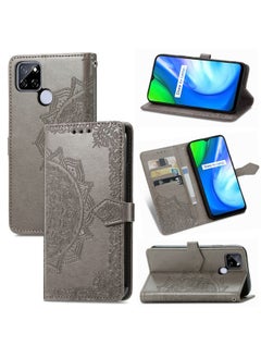 HuHa Case Cover For Realme V3 Mandala Flower Embossed Horizontal Flip Leather Case with Holder & Three Card Slots & Wallet & Lanyard Grey 