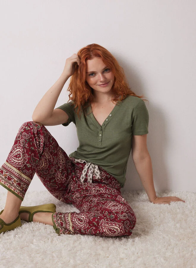 women'secret Red Cotton Paisley Pyjamas Pants