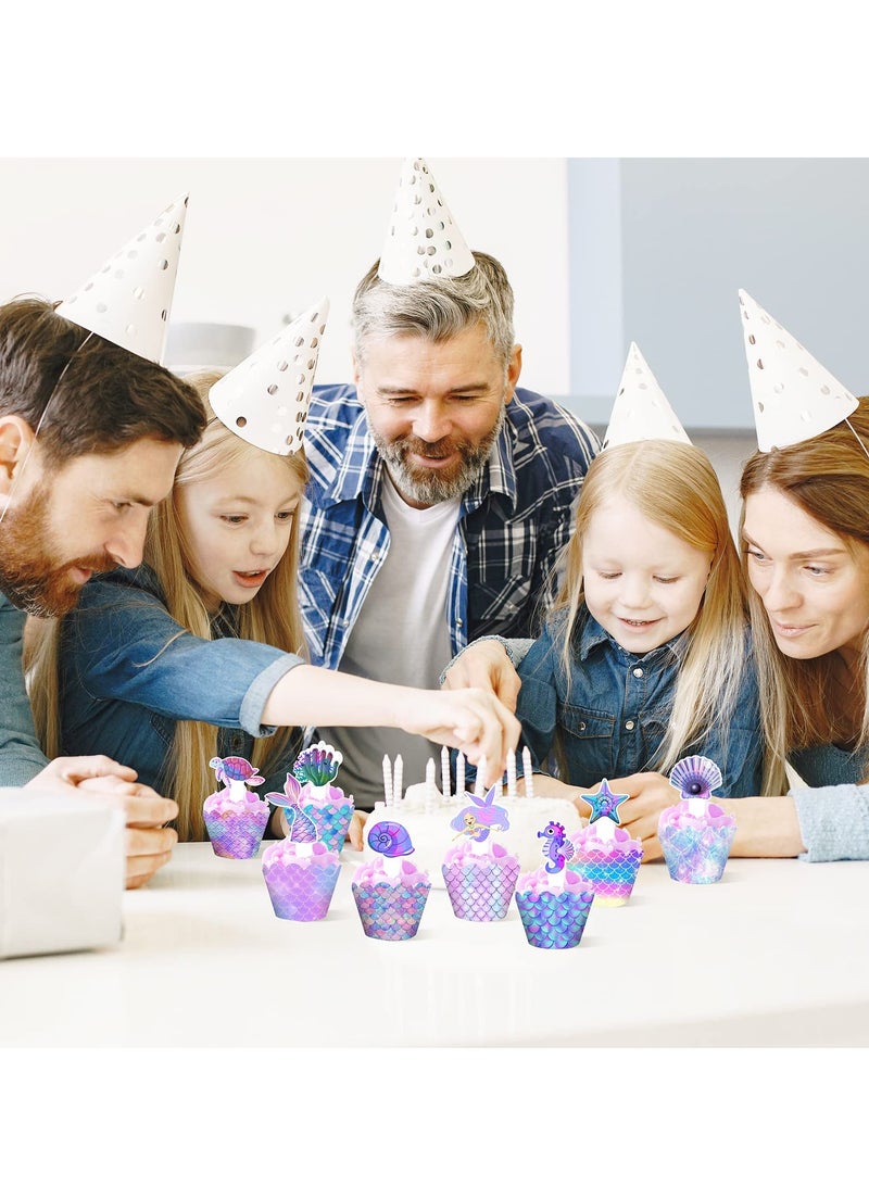 SOLARAE Mermaid Cupcake Toppers and Wrappers, 24 Pieces Mermaid Tail for Cupcakes Mermaid Theme Decoration for Under The Sea Theme Party Baby Shower - Image 4