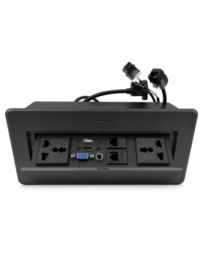 CZEN ELECTRIC Flip-Top Desk Power Socket Box, 2 Universal Outlets, USB, HDMI, VGA & LAN Ports, Built-in Conference Table Power & Data Hub for Office & Workspace - Image 1