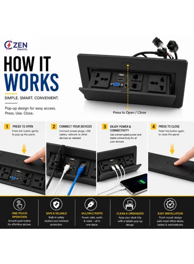 CZEN ELECTRIC Flip-Top Desk Power Socket Box, 2 Universal Outlets, USB, HDMI, VGA & LAN Ports, Built-in Conference Table Power & Data Hub for Office & Workspace - Image 3