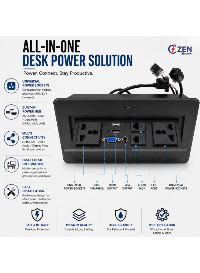 CZEN ELECTRIC Flip-Top Desk Power Socket Box, 2 Universal Outlets, USB, HDMI, VGA & LAN Ports, Built-in Conference Table Power & Data Hub for Office & Workspace - Image 2