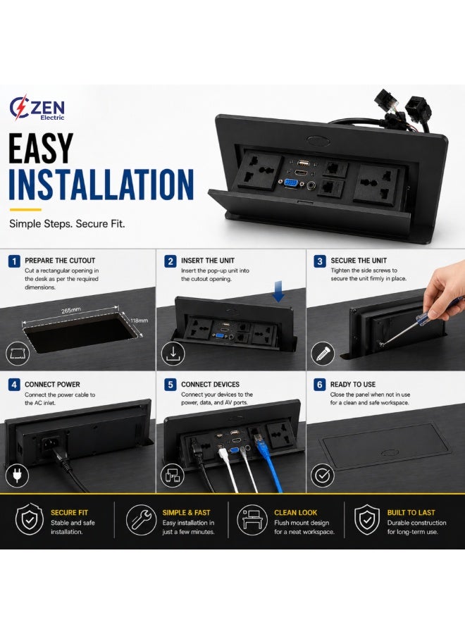 CZEN ELECTRIC Flip-Top Desk Power Socket Box, 2 Universal Outlets, USB, HDMI, VGA & LAN Ports, Built-in Conference Table Power & Data Hub for Office & Workspace - Image 5