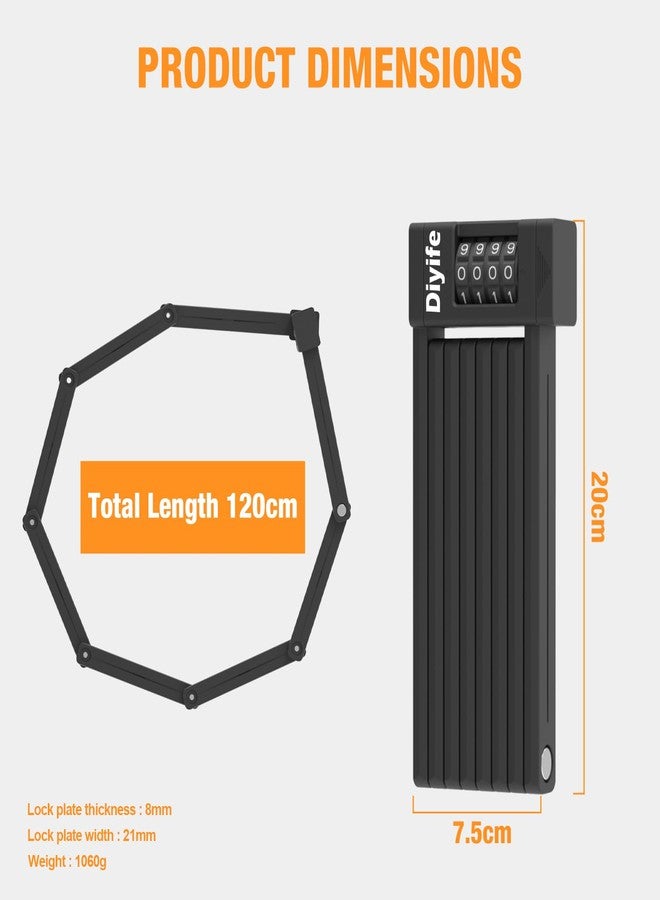 Diyife Folding Bike Lock, [4ft/120cm] Heavy Duty 4-Digit Combination Bicycle Lock, 360° Rotation Waterproof Anti-Theft Alloy Steel Foldable Lock with Bracket for Ebike Scooter Motorcycle - Image 2