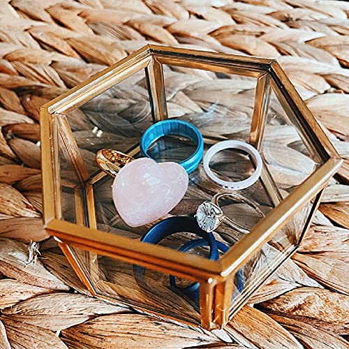 ARTINCO Small Glass Jewelry Box, Hexagonal Ring Box, Display Box 3.5x3x2, Gold - Image 3