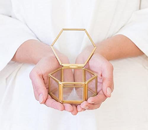 ARTINCO Small Glass Jewelry Box, Hexagonal Ring Box, Display Box 3.5x3x2, Gold - Image 2