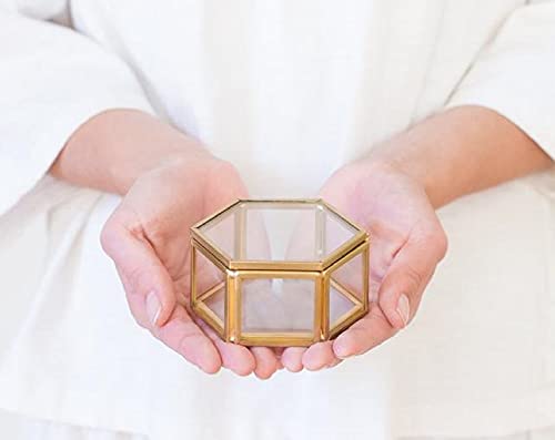 ARTINCO Small Glass Jewelry Box, Hexagonal Ring Box, Display Box 3.5x3x2, Gold - Image 1