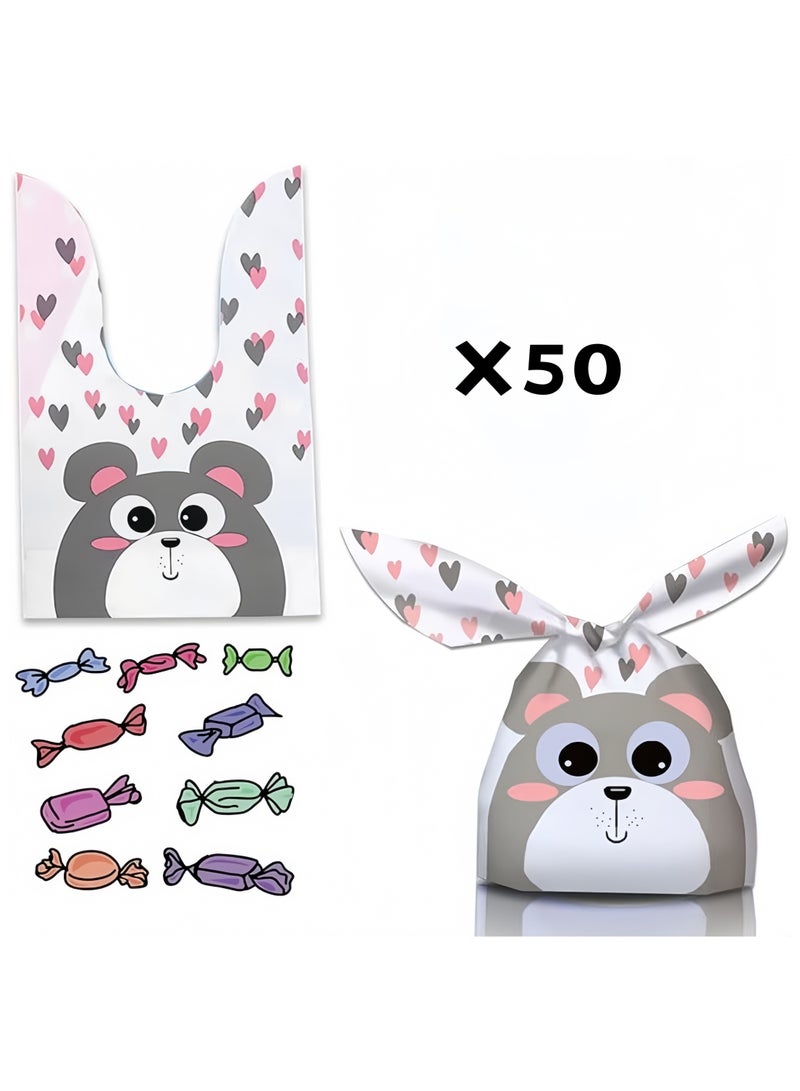 عبوة من 50 كيس حلوى وأكياس هدايا للأطفال، وأكياس هدايا للأطفال، وأكياس حلوى مطبوعة على شكل دب لطيف للأولاد والبنات، وأكياس تخزين الطعام وتغليف الهدايا لحفلات استقبال المولود وحفلات الزفاف وحفلات أعياد الميلاد - Image 1