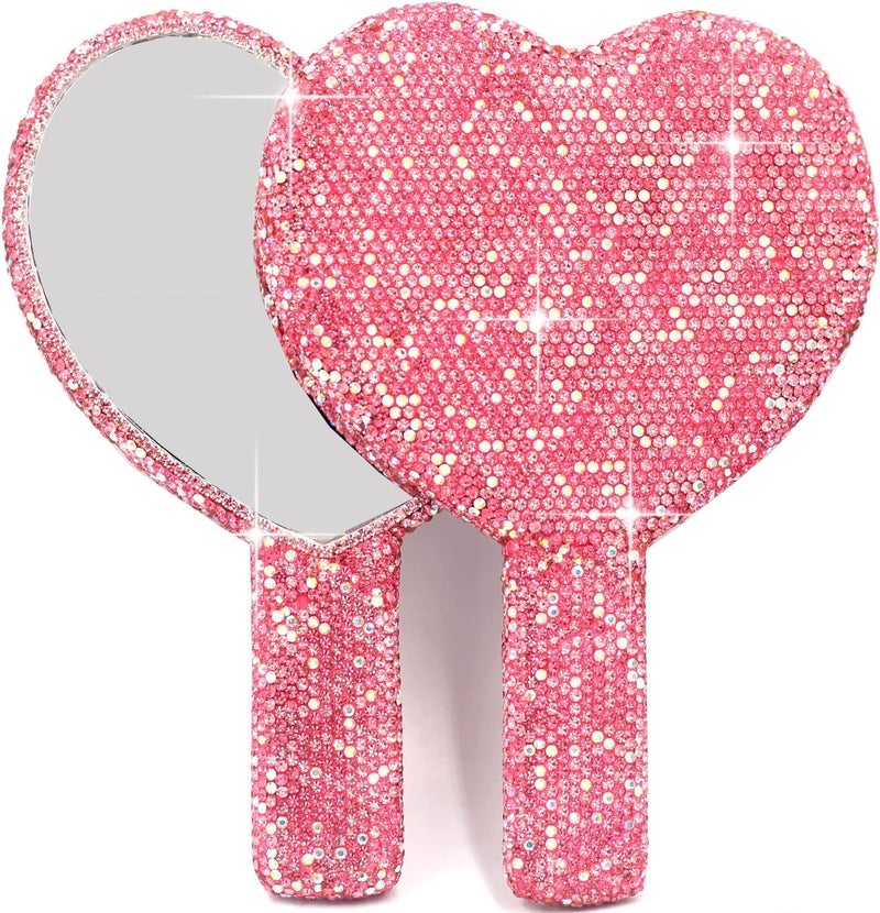 Bestbling Bling Rhinestone Heart Handheld Mirror - Portable & Dazzling Makeup Mirror for On-The-Go Touch-ups (Plastic Pink)