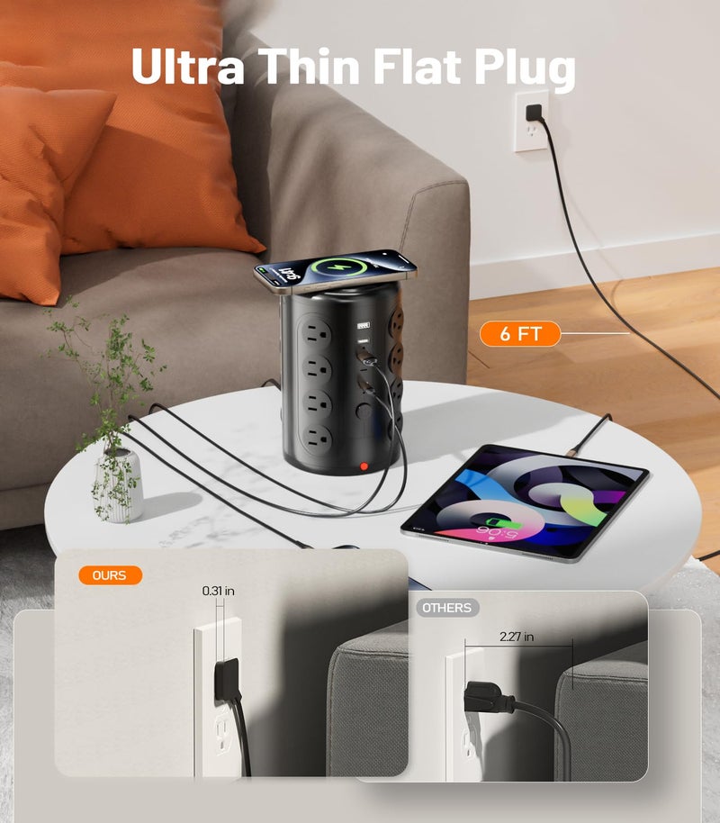 TenTrend موزع طاقة برج لحماية من زيادة التيار، TenTrend 16 مخرج و 5 منافذ USB (2 USB-C)، محطة شحن 2000 جول، سلك تمديد مسطح بطول 6 أقدام لمستلزمات المنزل والمكتب وغرفة النوم، أسود - Image 3