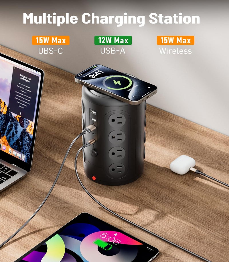 TenTrend موزع طاقة برج لحماية من زيادة التيار، TenTrend 16 مخرج و 5 منافذ USB (2 USB-C)، محطة شحن 2000 جول، سلك تمديد مسطح بطول 6 أقدام لمستلزمات المنزل والمكتب وغرفة النوم، أسود - Image 5