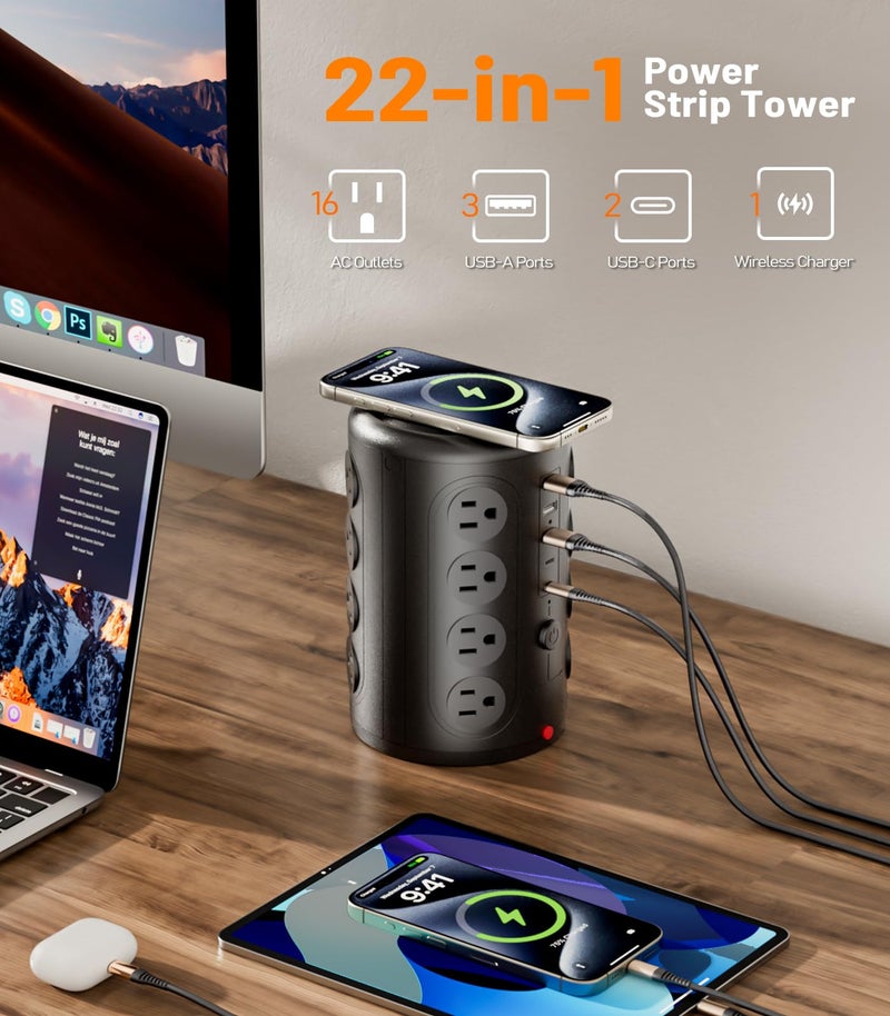 TenTrend موزع طاقة برج لحماية من زيادة التيار، TenTrend 16 مخرج و 5 منافذ USB (2 USB-C)، محطة شحن 2000 جول، سلك تمديد مسطح بطول 6 أقدام لمستلزمات المنزل والمكتب وغرفة النوم، أسود - Image 2