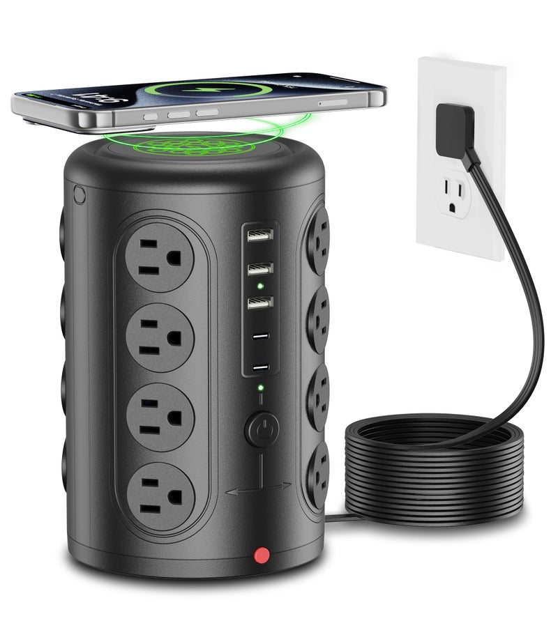 TenTrend موزع طاقة برج لحماية من زيادة التيار، TenTrend 16 مخرج و 5 منافذ USB (2 USB-C)، محطة شحن 2000 جول، سلك تمديد مسطح بطول 6 أقدام لمستلزمات المنزل والمكتب وغرفة النوم، أسود - Image 1