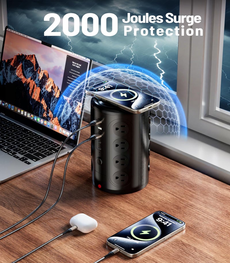 TenTrend موزع طاقة برج لحماية من زيادة التيار، TenTrend 16 مخرج و 5 منافذ USB (2 USB-C)، محطة شحن 2000 جول، سلك تمديد مسطح بطول 6 أقدام لمستلزمات المنزل والمكتب وغرفة النوم، أسود - Image 4