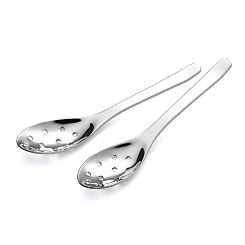 AOOSY Small Slotted Spoons,Modern Stylish Thick Heavy-weight Short handle Stainless Steel 10 Holes Durable Caviar Spoon for Soup Cereals Dips Curry Sauces Stews, Set of 2 - Image 1