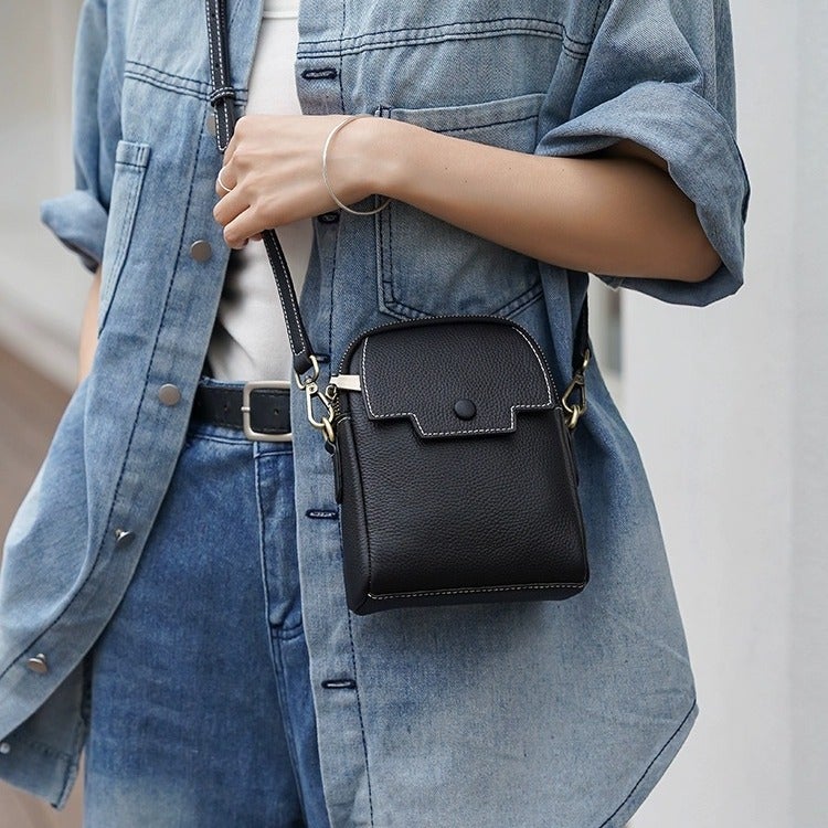 Genuine Leather Small Satchel Women'S Fashion Light Luxury Women'S Bag Genuine Leather Multi-Layer Mobile Phone Bag All-Match Shoulder Small Square Bag - Image 3