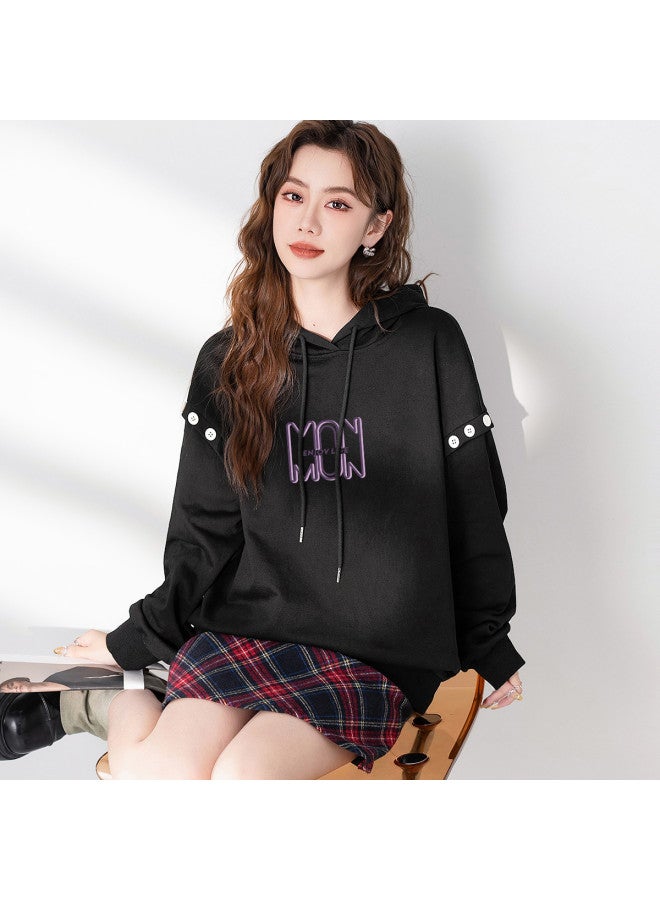 Baleno Women's Hooded Sweatshirt, Autumn Loose Fit Button Decoration Long Sleeve Warm Pullover With Drawstring, Outerwear For Women - Image 4