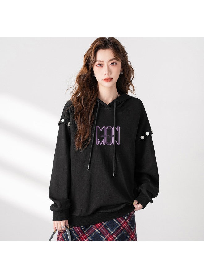Baleno Women's Hooded Sweatshirt, Autumn Loose Fit Button Decoration Long Sleeve Warm Pullover With Drawstring, Outerwear For Women - Image 3