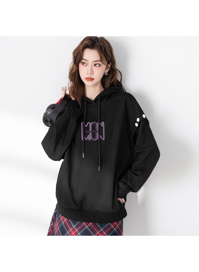 Baleno Women's Hooded Sweatshirt, Autumn Loose Fit Button Decoration Long Sleeve Warm Pullover With Drawstring, Outerwear For Women - Image 2