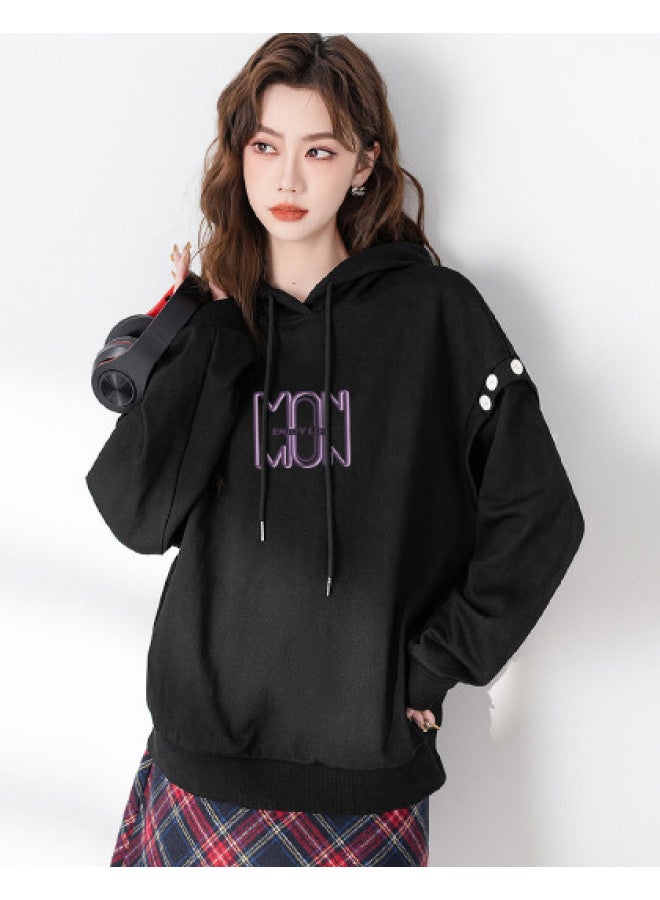 Baleno Women's Hooded Sweatshirt, Autumn Loose Fit Button Decoration Long Sleeve Warm Pullover With Drawstring, Outerwear For Women - Image 1
