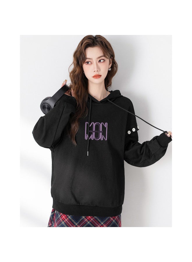 Baleno Women's Hooded Sweatshirt, Autumn Loose Fit Button Decoration Long Sleeve Warm Pullover With Drawstring, Outerwear For Women - Image 5
