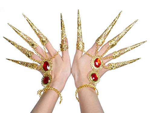 Fodattm 1 Pair 2PCS Belly Dance Gypsy Indian Egyptian Gold Bracelet with Finger Nails for Costume Women Fashion Hand Chain Halloween Costume - Image 2