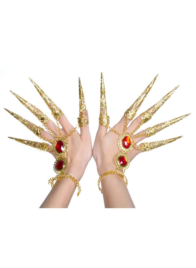 Fodattm 1 Pair 2PCS Belly Dance Gypsy Indian Egyptian Gold Bracelet with Finger Nails for Costume Women Fashion Hand Chain Halloween Costume - Image 3