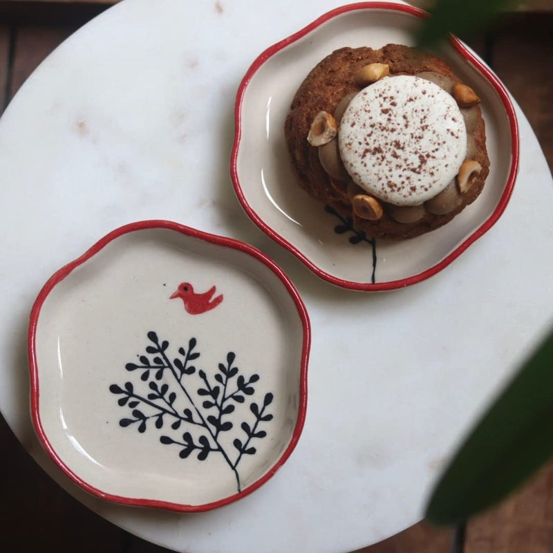 WEAVING HOMES Luxurious Birdie- (Set Of 2) Floral Dessert Plates, Ceramic Plates, Serving Plates, Kitchenware Plates, Set Of Plates, Handmade Plates,Multicolor - Image 1