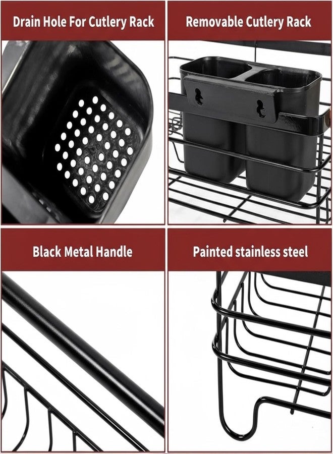 MUGATH Black Stainless Steel Dish Drying Rack for Kitchen Counter | Durable Utensil Organizer with Draining Board & Cutlery Basket - Image 4