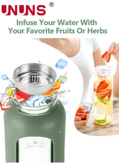 UNUNS 1L Motivational Glass Water Bottle with Time Marker & Silicone Sleeve &  Straw & Bamboo Lids & Fruit Infuser , Leak Proof Reusable BPA Free Motivational Drinking Jug Water Jug  - Image 3