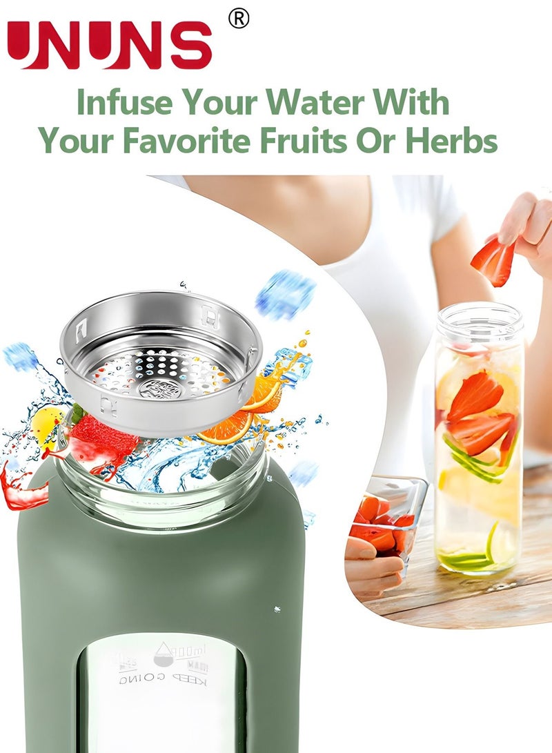 UNUNS 1L Motivational Glass Water Bottle with Time Marker & Silicone Sleeve &  Straw & Bamboo Lids & Fruit Infuser , Leak Proof Reusable BPA Free Motivational Drinking Jug Water Jug  - Image 3