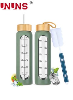 UNUNS 1L Motivational Glass Water Bottle with Time Marker & Silicone Sleeve &  Straw & Bamboo Lids & Fruit Infuser , Leak Proof Reusable BPA Free Motivational Drinking Jug Water Jug  - Image 1