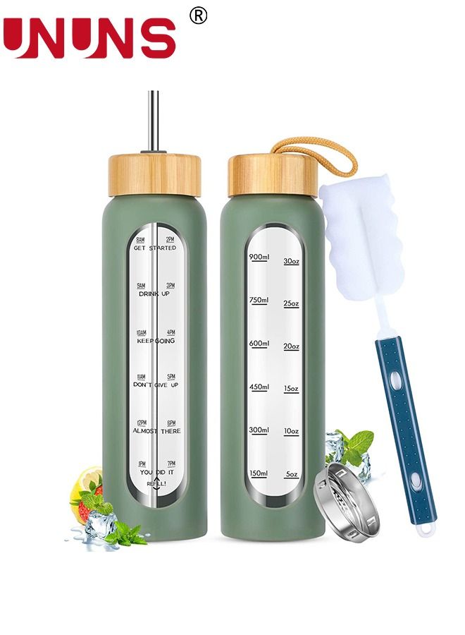 UNUNS 1L Motivational Glass Water Bottle with Time Marker & Silicone Sleeve &  Straw & Bamboo Lids & Fruit Infuser , Leak Proof Reusable BPA Free Motivational Drinking Jug Water Jug  - Image 1