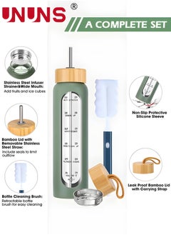 UNUNS 1L Motivational Glass Water Bottle with Time Marker & Silicone Sleeve &  Straw & Bamboo Lids & Fruit Infuser , Leak Proof Reusable BPA Free Motivational Drinking Jug Water Jug  - Image 2