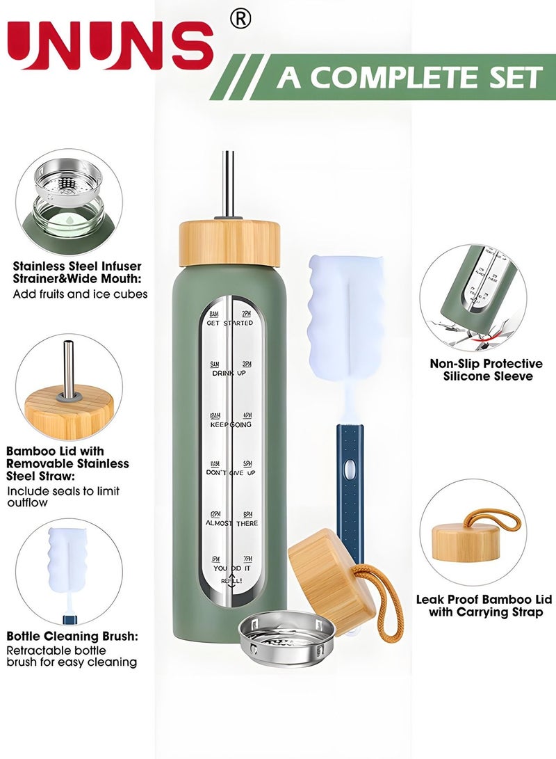 UNUNS 1L Motivational Glass Water Bottle with Time Marker & Silicone Sleeve &  Straw & Bamboo Lids & Fruit Infuser , Leak Proof Reusable BPA Free Motivational Drinking Jug Water Jug  - Image 2
